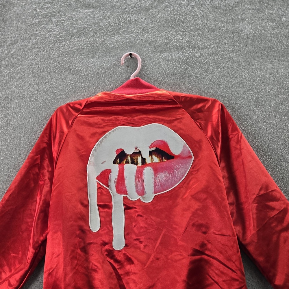 Kylie Jenner Women Jacket M Red Satin Bomber Lips Snap Button - Picture 7 of 8